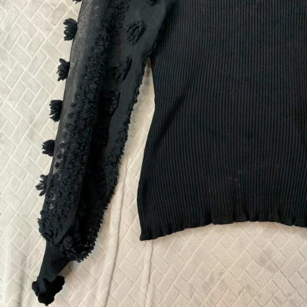 Almost Famous Womens S Sweater Black Ribbed Sheer Long Puff Sleeve Cabin Cottage - Picture 3 of 16
